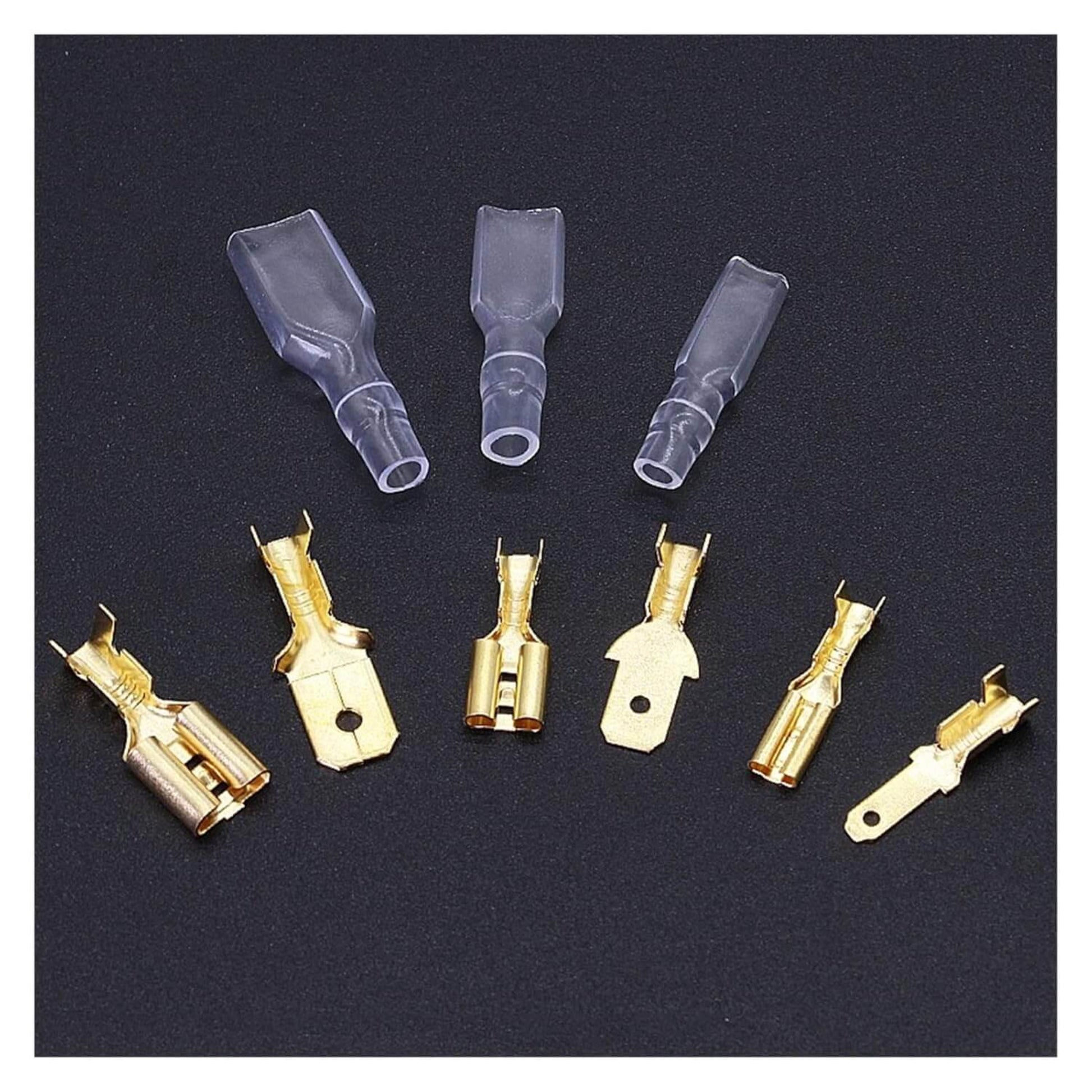 Assorted insulated male and female spade connectors in gold with clear covers, ideal for electrical wiring applications.