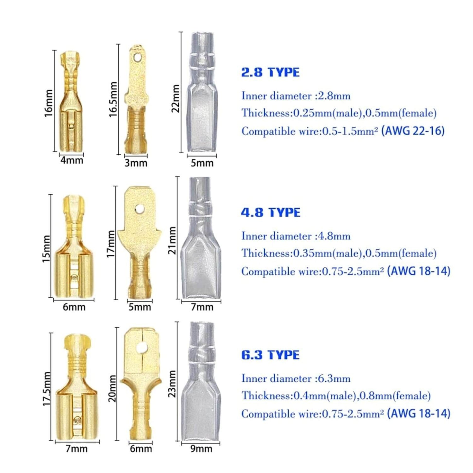 Chart showing specifications of 2.8, 4.8, and 6.3mm insulated spade connectors.