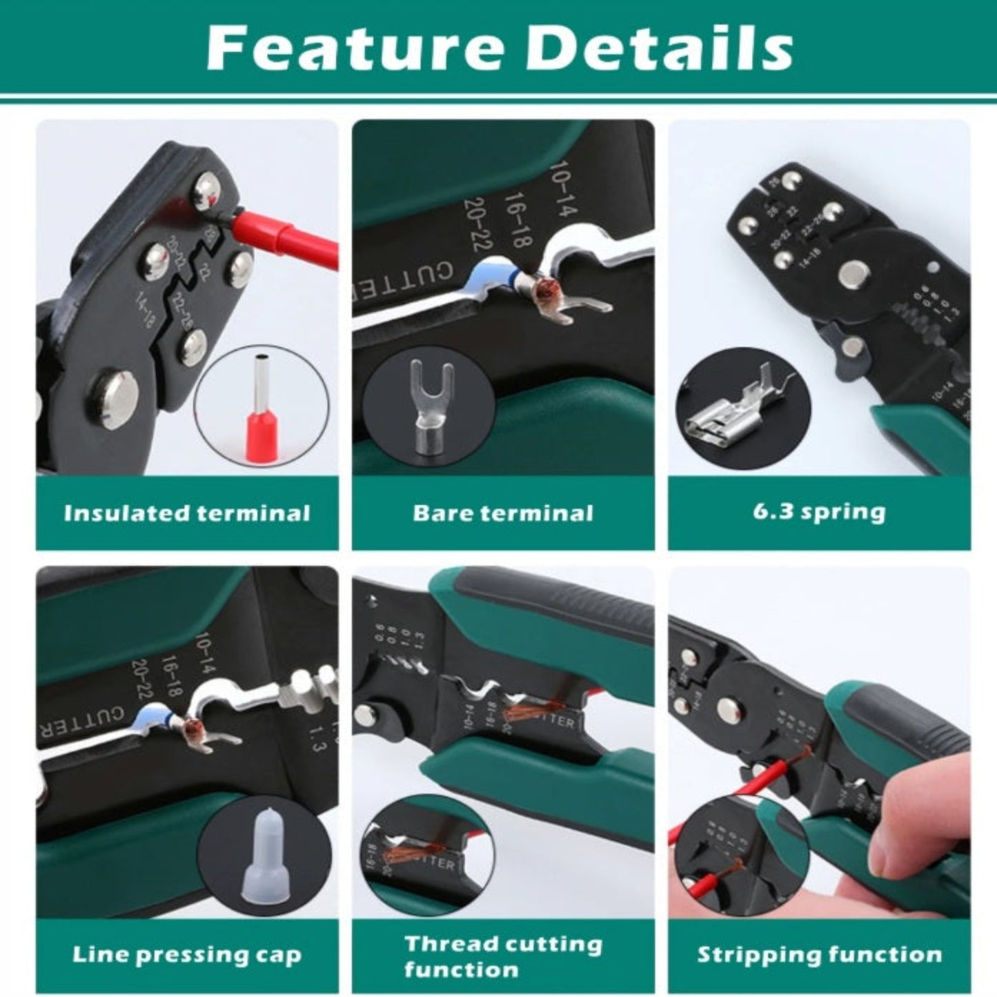 Labeled diagram highlighting all tool functions: crimping, stripping, cutting, thread-cutting, and line pressing cap