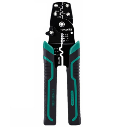 Professional multi-function crimping and wire stripping pliers with teal and black ergonomic handle, front view