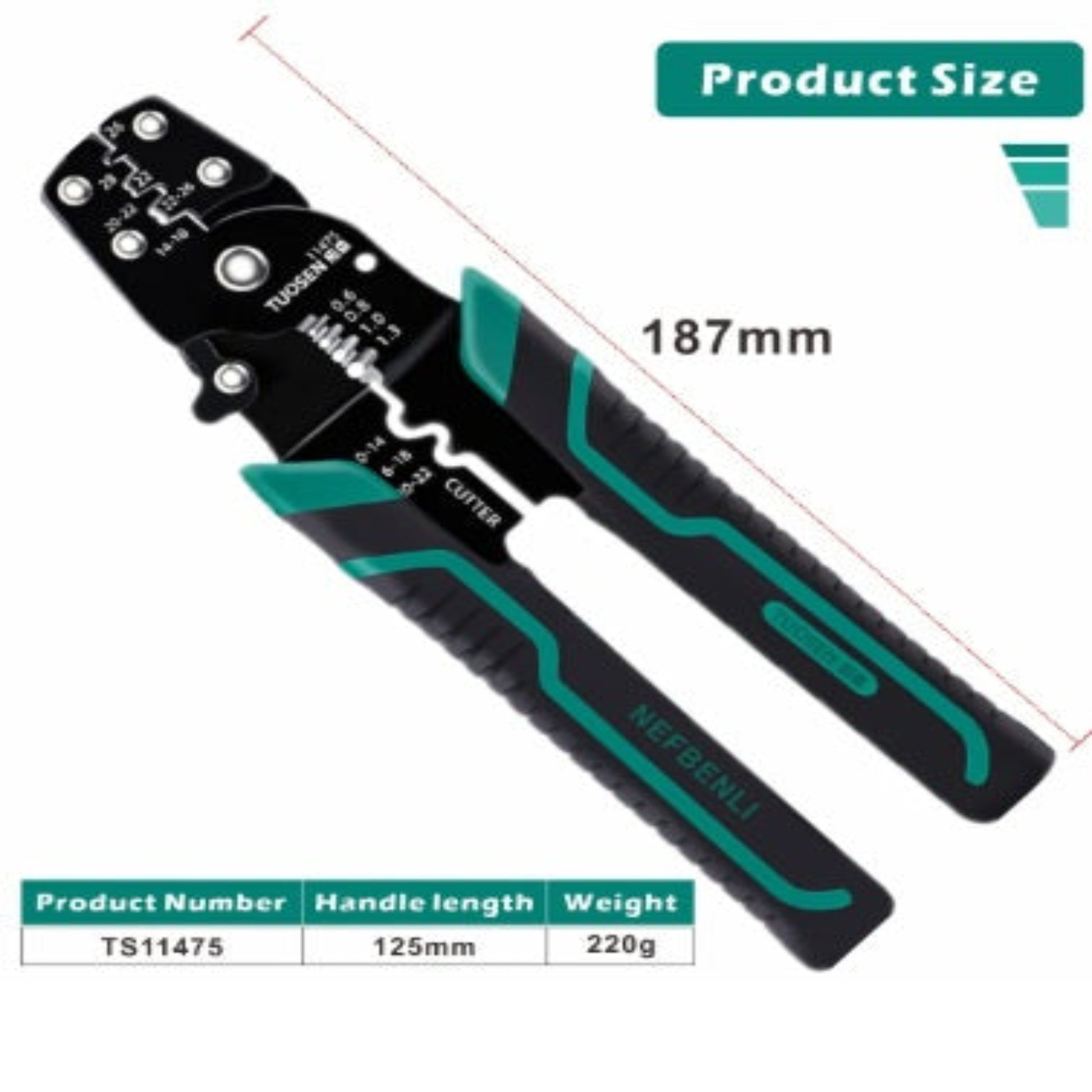 Technical specifications diagram showing dimensions (190mm length, 125mm handle), weight (220g), and crimping ranges