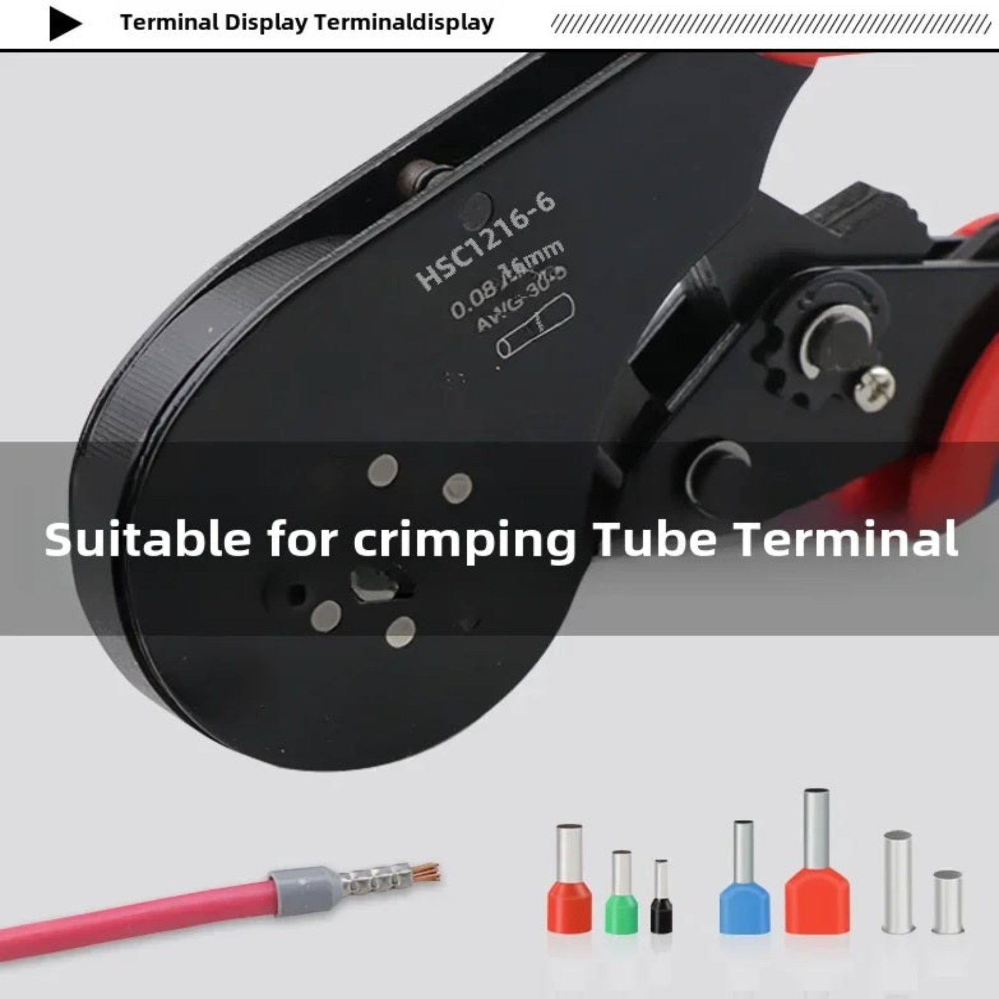 Close-up of the HSC12 16-6 crimper head next to a crimped wire ferrule and various colored tube terminals.