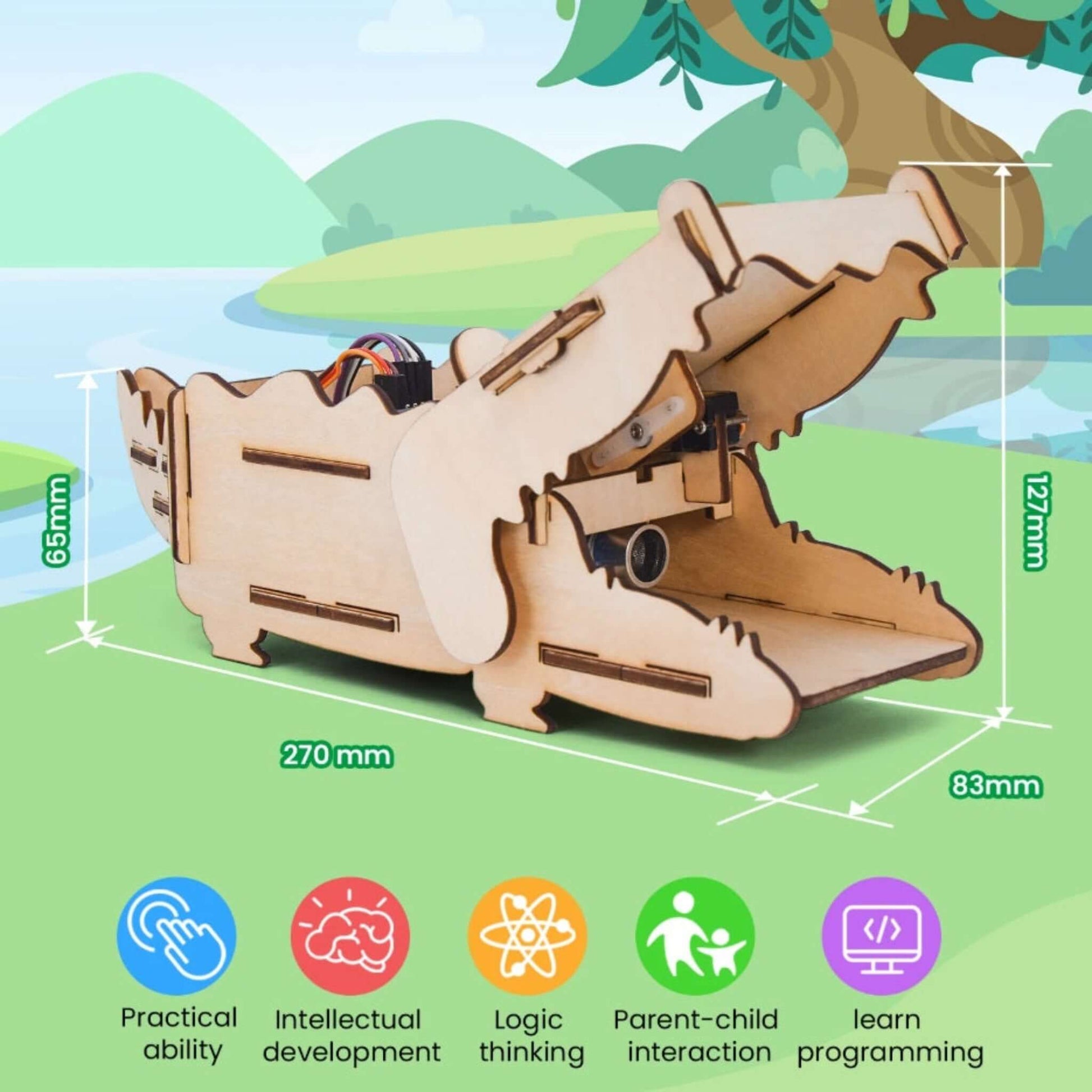 The assembled crocodile kit showing its dimensions (270mm x 127mm) and icons for learning benefits like logic thinking and programming.