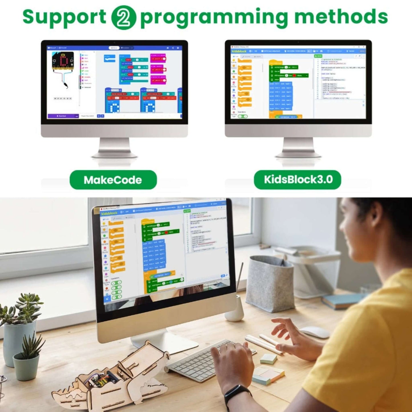 The two supported programming methods, MakeCode and KidsBlock3.0, shown on computer screens used by a student.