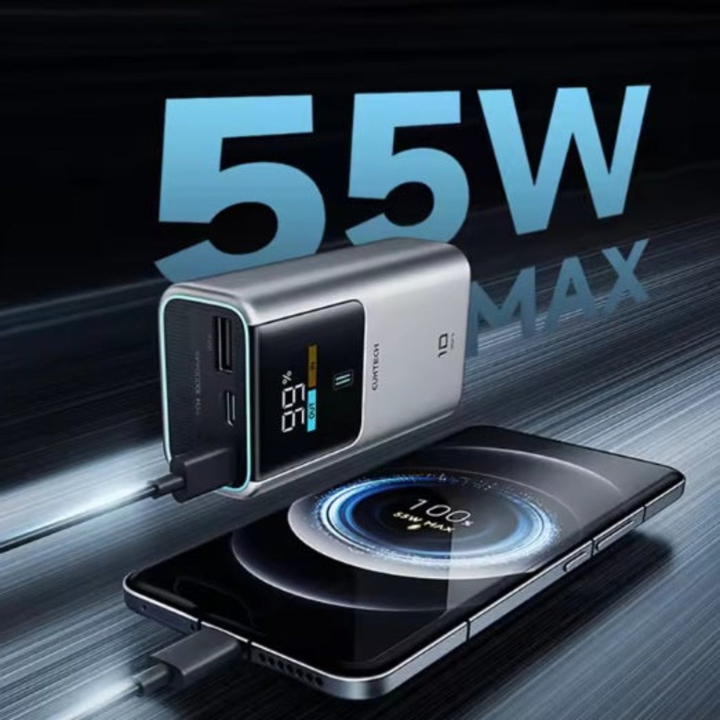 CUKTECH 10 power bank fast charging a smartphone, with "55W MAX" text highlighting its power.