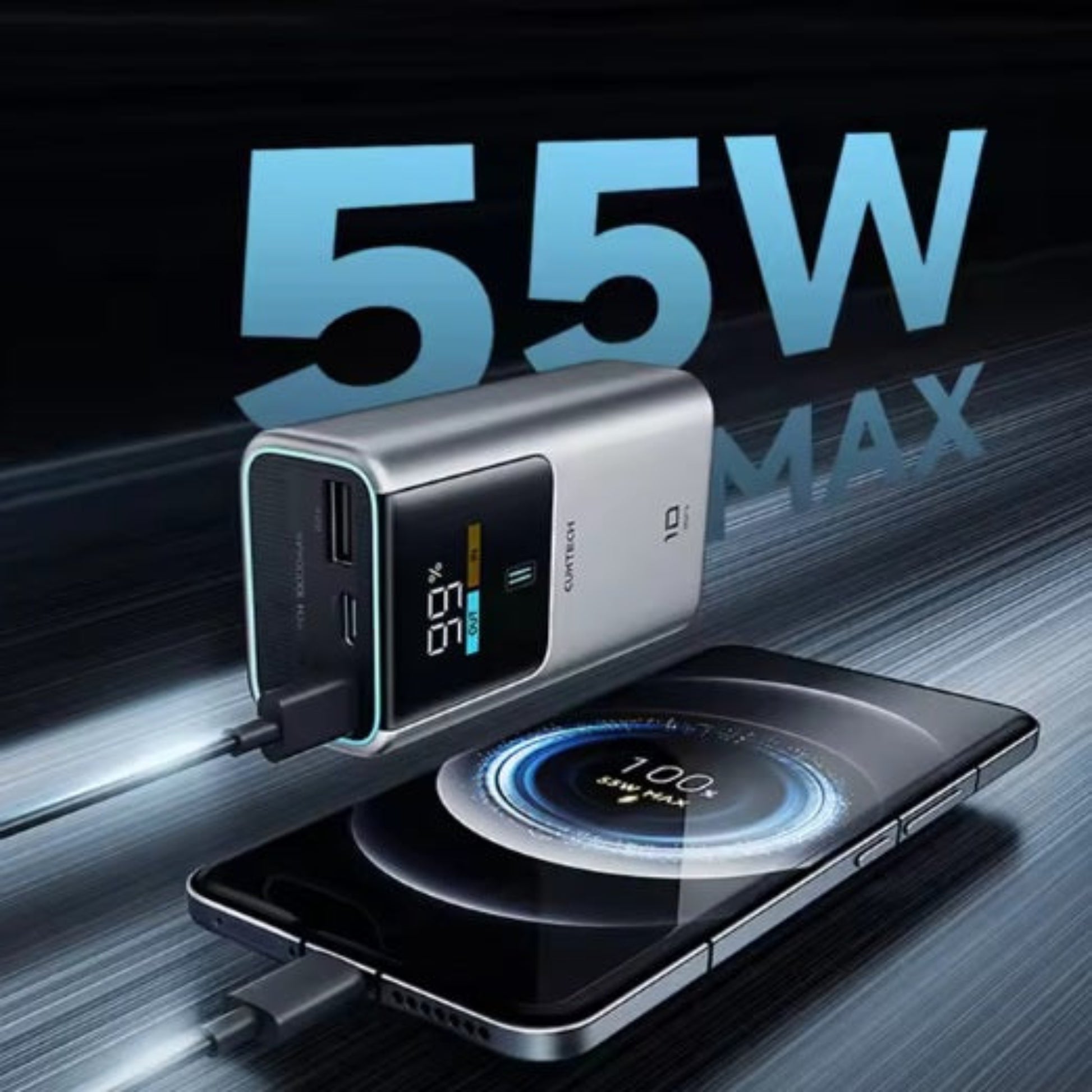 CUKTECH 10 power bank fast charging a smartphone, with "55W MAX" text highlighting its power.