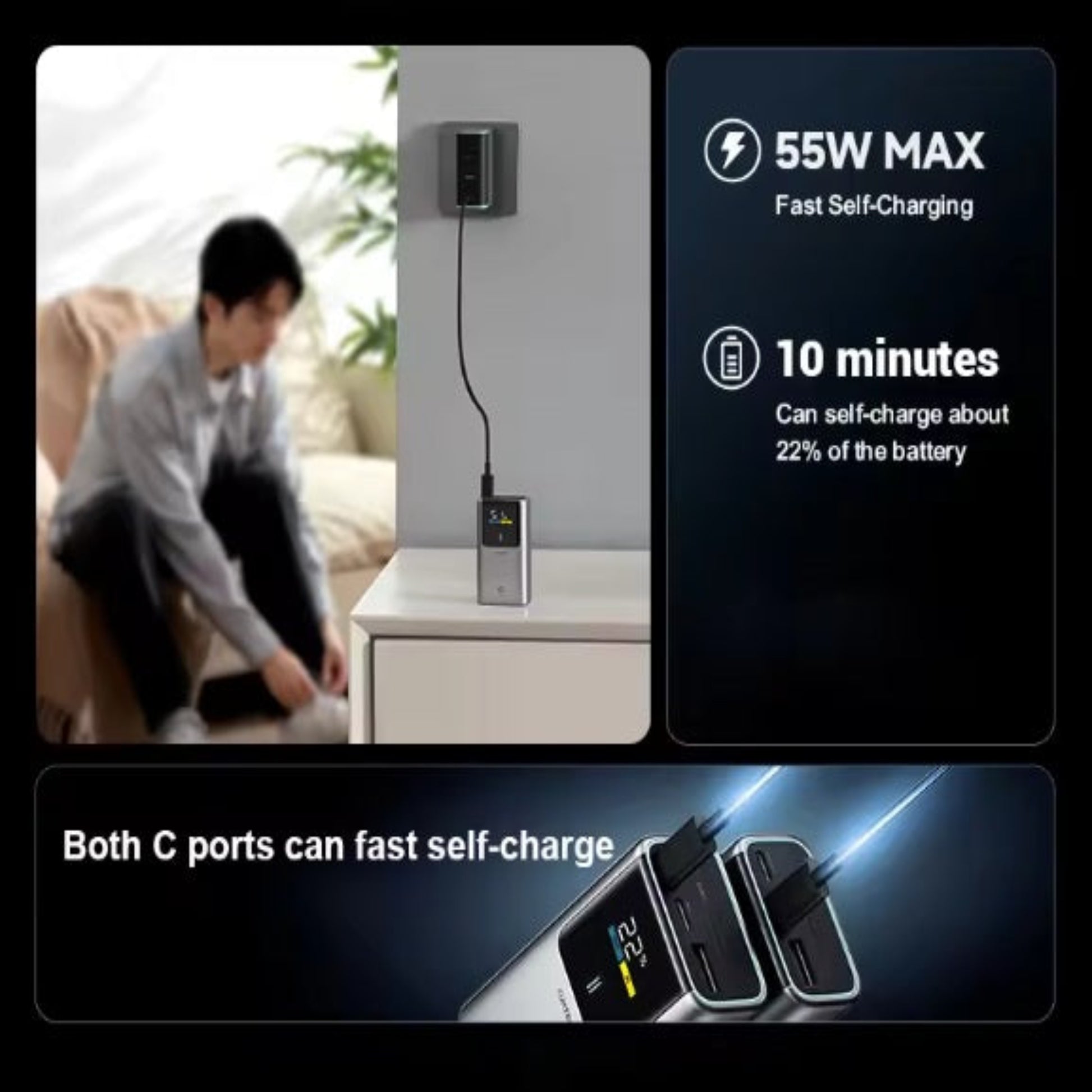 Infographic showing the CUKTECH 10 power bank's 55W fast self-charging capability, achieving 22% battery in just 10 minutes.