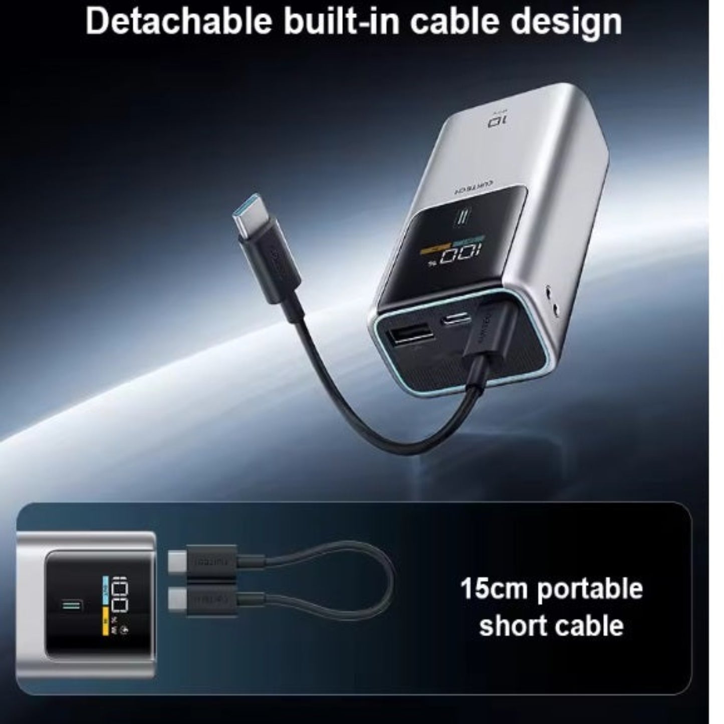 Demonstration of the CUKTECH 10 power bank's detachable 15cm portable USB-C to USB-C short cable.