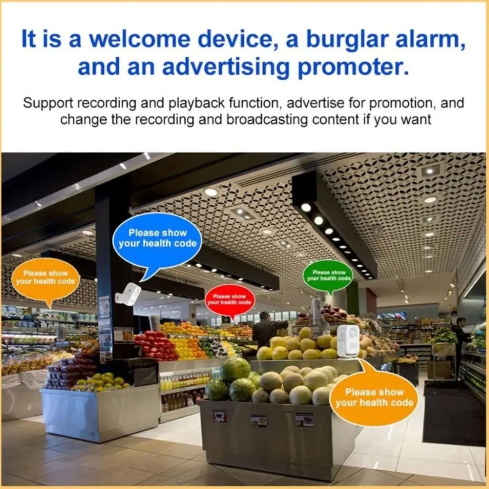 The motion sensor in a retail store using its custom voice recording feature for promotional or informational messages.
