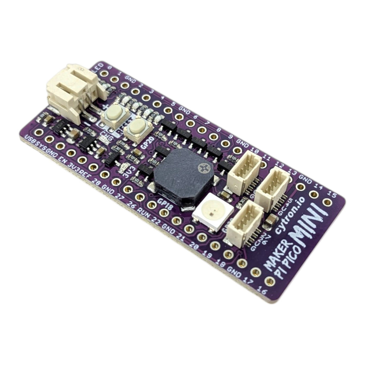Cytron Maker Pi Pico Mini W 開發板正面圖，清晰顯示已預焊的 Raspberry Pi Pico W、Maker Ports 及 GPIO 狀態燈。