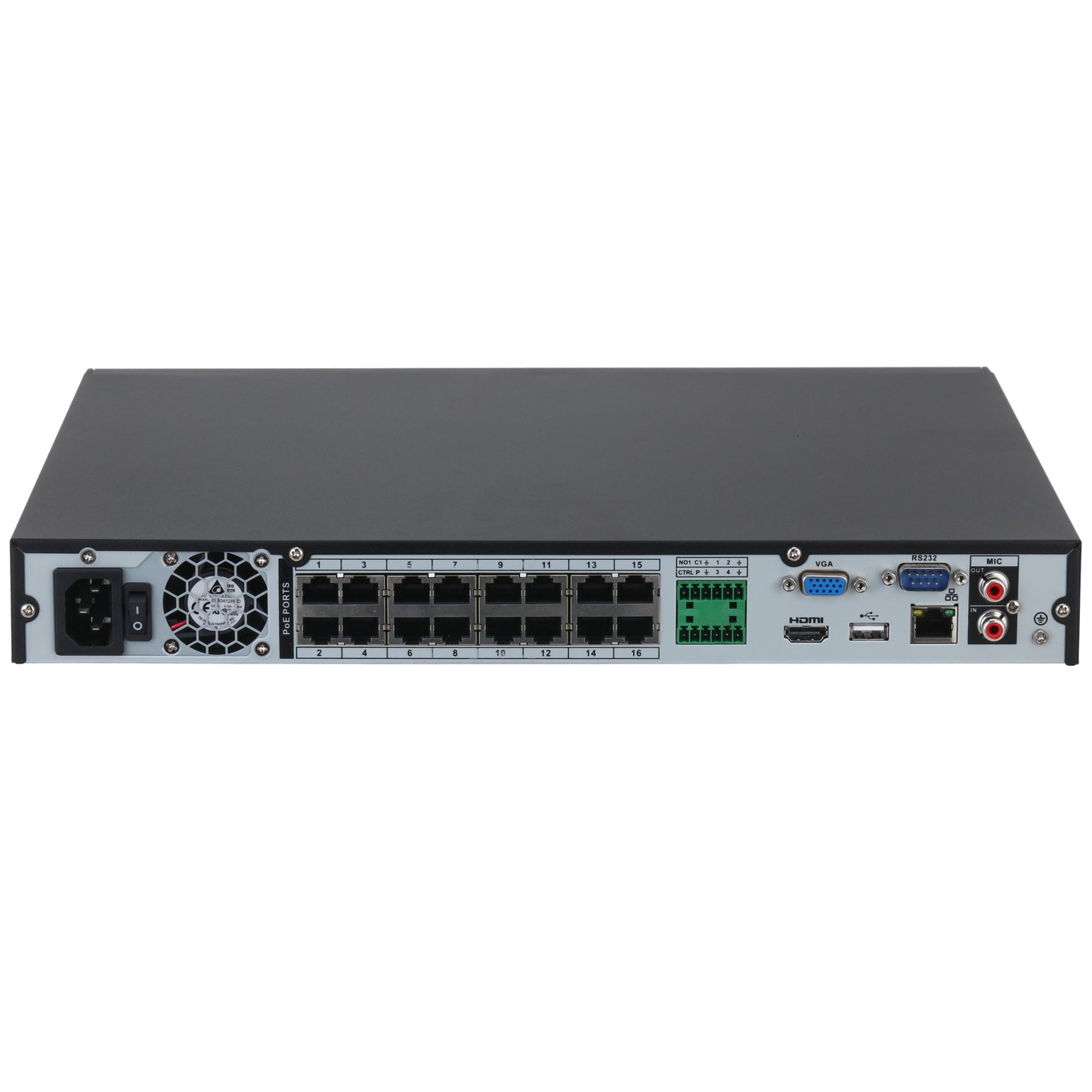 Rear panel of Dahua 16-channel PoE NVR highlighting 16 RJ45 ports, HDMI, VGA, and audio interfaces for security setups.