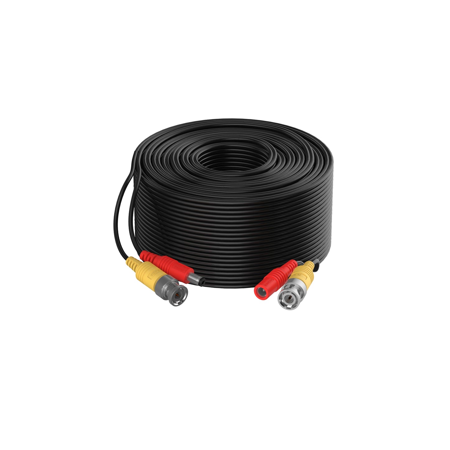 A neatly coiled 20m Dahua CCTV cable showing the pre-made BNC video and red DC power connectors.
