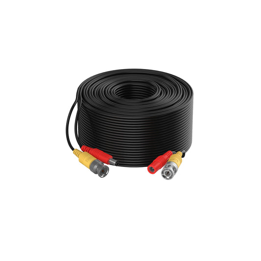 A neatly coiled 20m Dahua CCTV cable showing the pre-made BNC video and red DC power connectors.