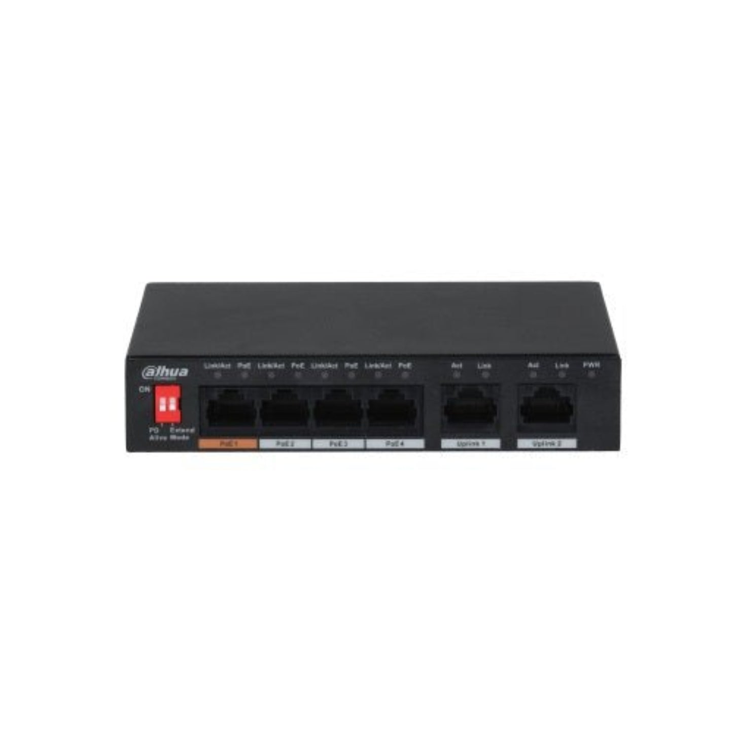 DAHUA 4-port desktop PoE switch, 6-port unmanaged with 4 PoE, ideal for home/office networks, plug-and-play setup.
