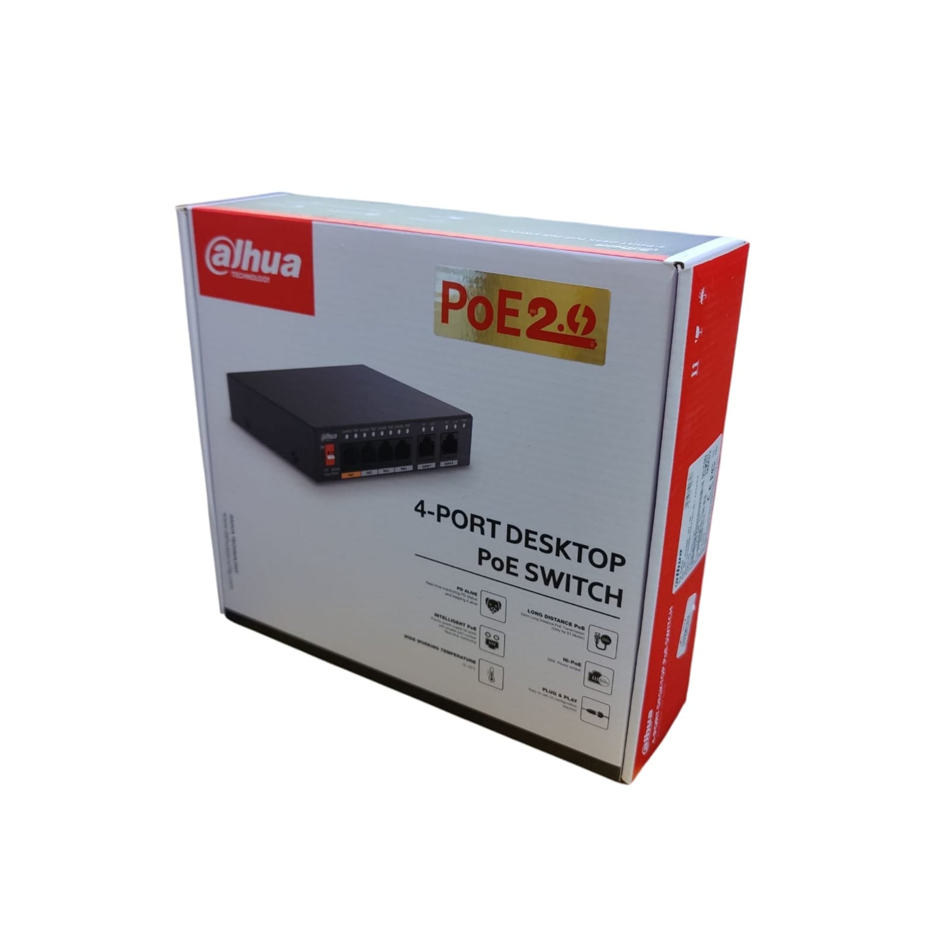 DAHUA PoE 2.0 4-Port Desktop PoE Switch retail box, highlighting features like long distance PoE and plug & play.