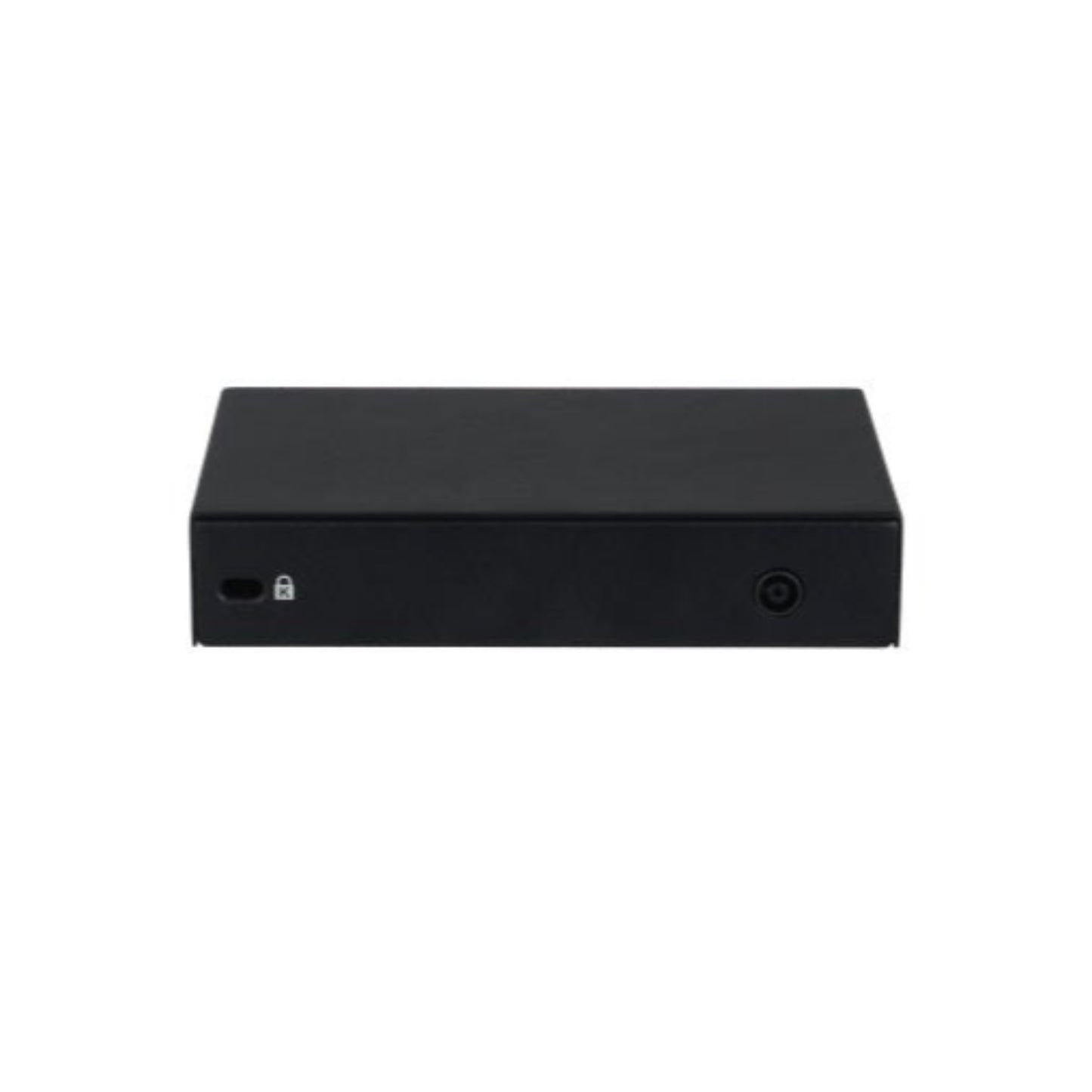 Rear view of DAHUA 4-port desktop PoE switch with power input and security lock slot. Reliable power delivery.