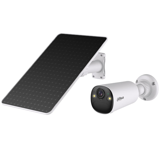 Dahua 4MP solar battery bullet network camera kit, available in both 4G LTE SIM and Wi-Fi 6 models.