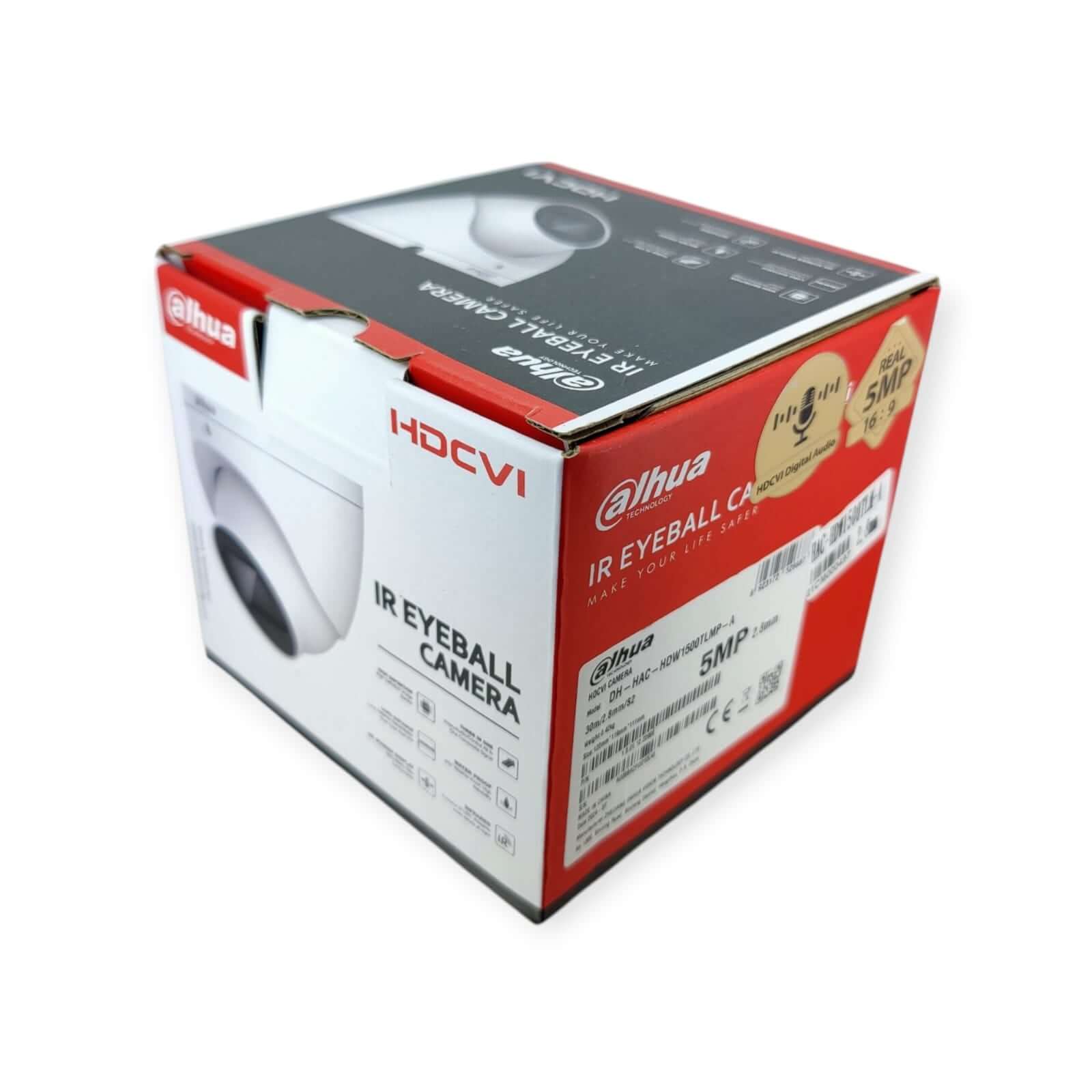 Dahua HAC-HDW1500TLM-A 5MP IR Eyeball Camera packaging with detailed specifications and branding.