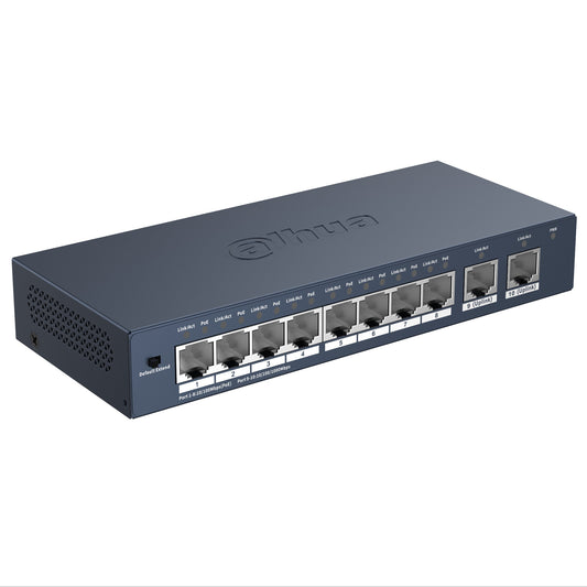 Angled view of the Dahua unmanaged desktop switch, highlighting its durable sheet metal casing and compact design.