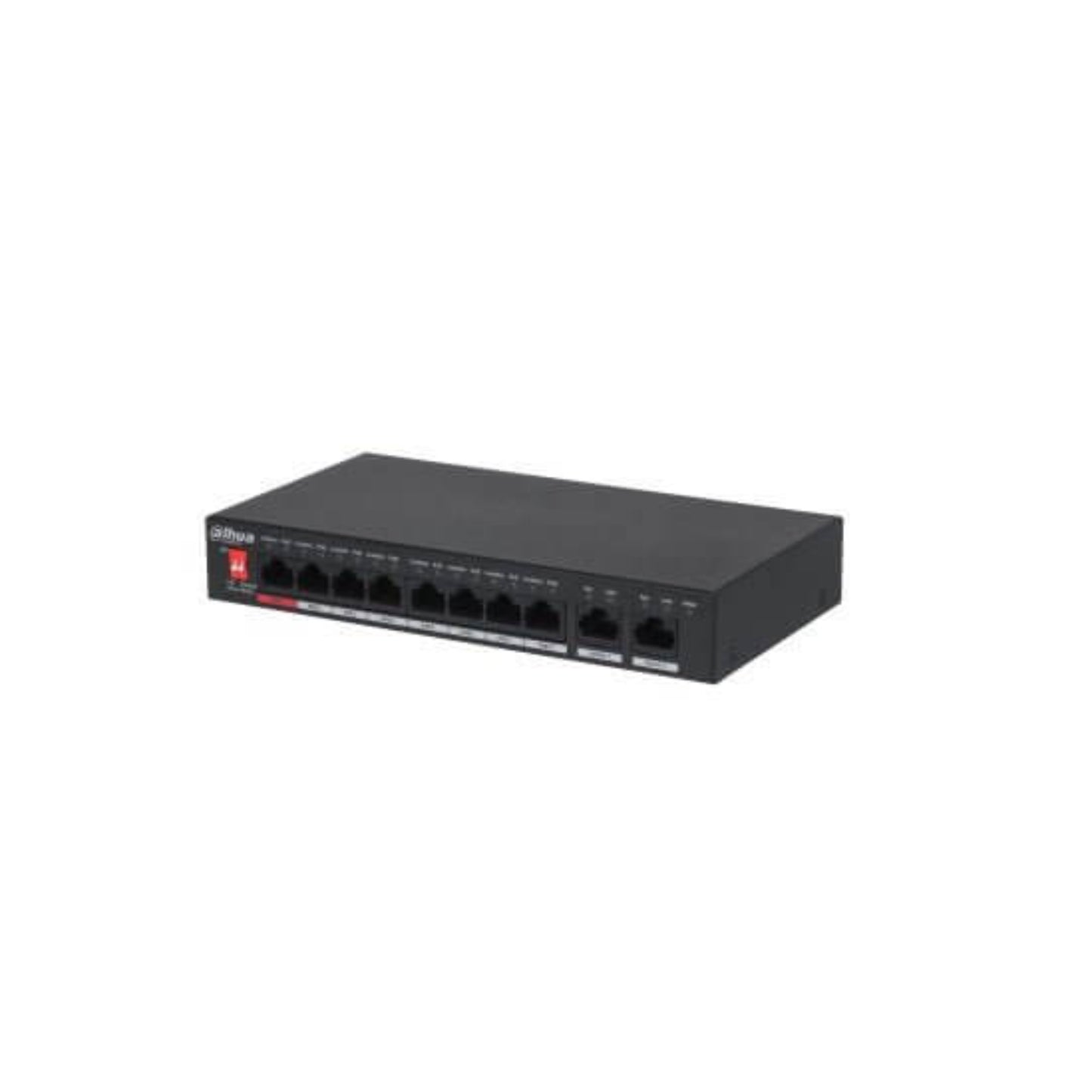 Angled view of the Dahua 8-port PoE network switch for CCTV.