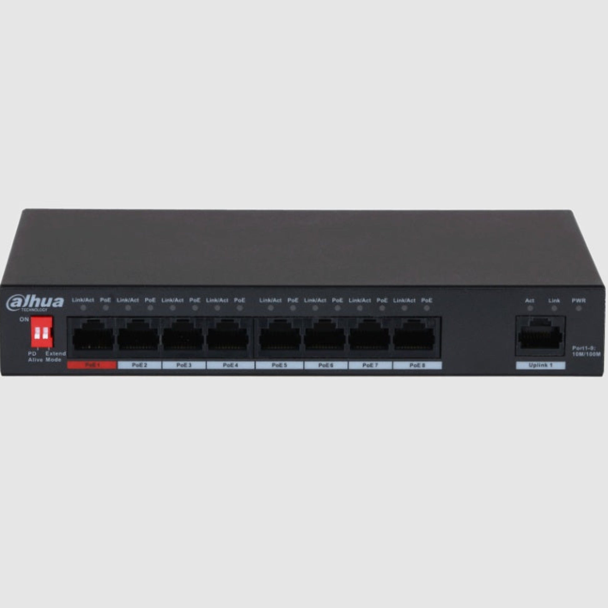 Dahua 8-Port PoE Switch front view showing LED indicators and ports