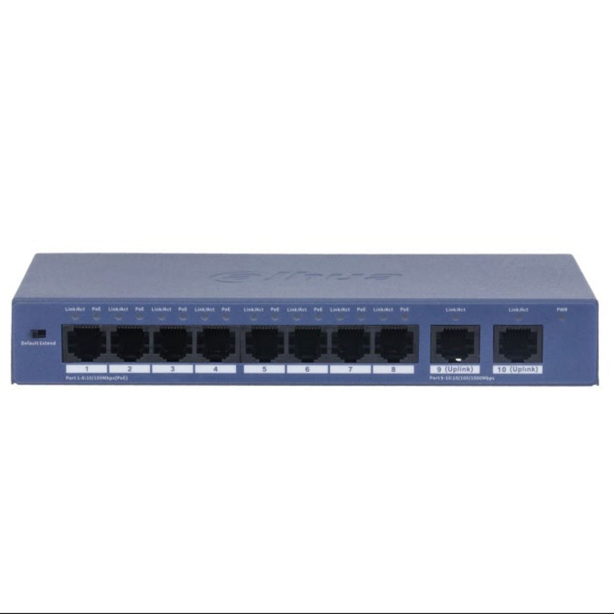 Front view of the Dahua DH-S3010-8ET2GT-90 10-Port PoE Switch showing 8 PoE ports, 2 Gigabit uplinks, and the Extend DIP switch.