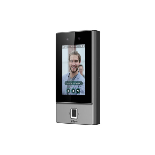 Left angle view of the Dahua IP65 outdoor face reader highlighting its slim profile and fingerprint sensor.