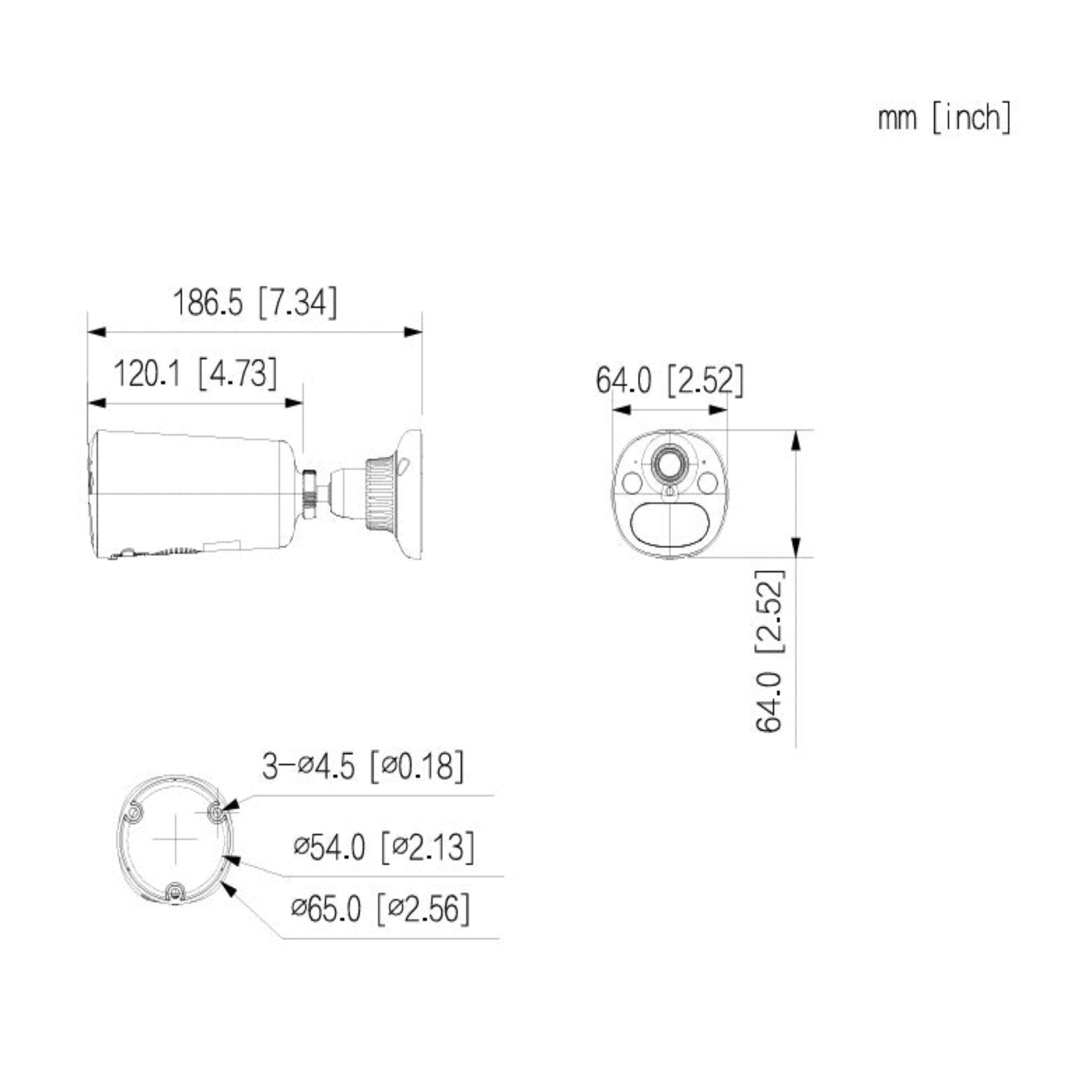 大華電池槍型鏡頭的詳細尺寸圖，標示機身長度為 186.5mm，直徑為 65mm。