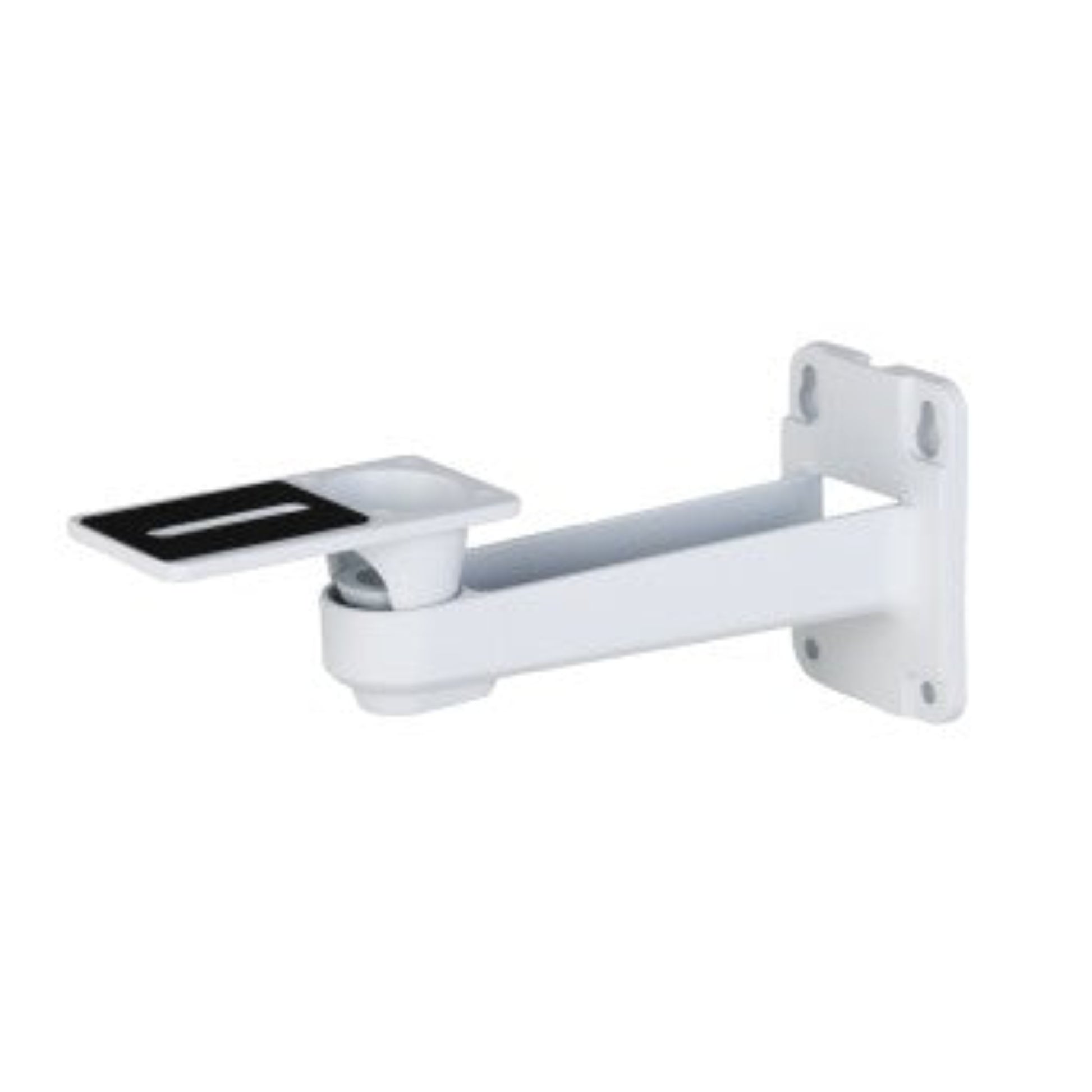 Angled view of the Dahua DH-PFB120WS CCTV wall bracket, highlighting the adjustable 360-degree rotation head and mounting plate.