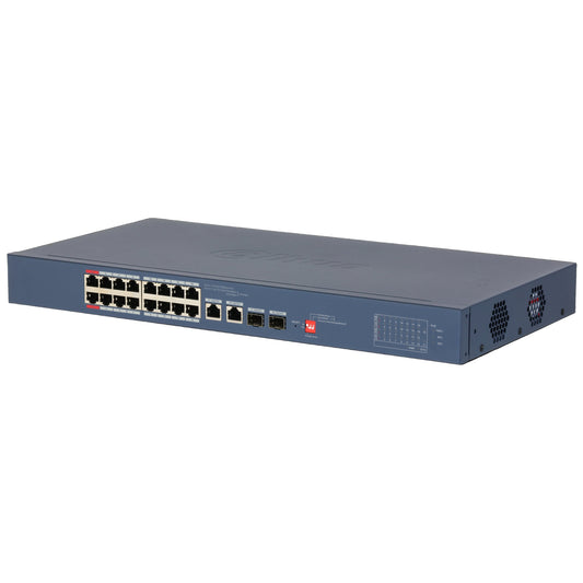 DAHUA CS4218-16ET-135 front panel showing 16 PoE ports and 2 Gigabit Combo ports.