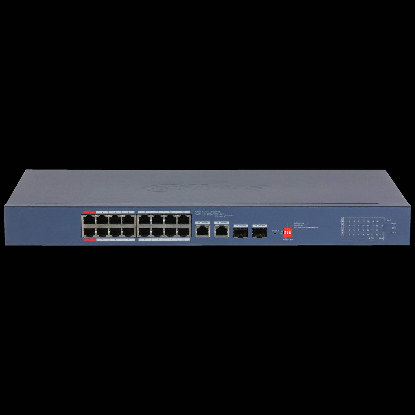Front overview of DAHUA 18-Port Cloud Managed PoE Switch (CS4218-16ET-135).