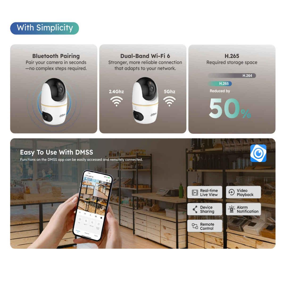 支援藍牙秒速配對及雙頻 Wi-Fi 6，配合 DMSS App 輕鬆遙距監控。深水埗門市提供現場設定示範。