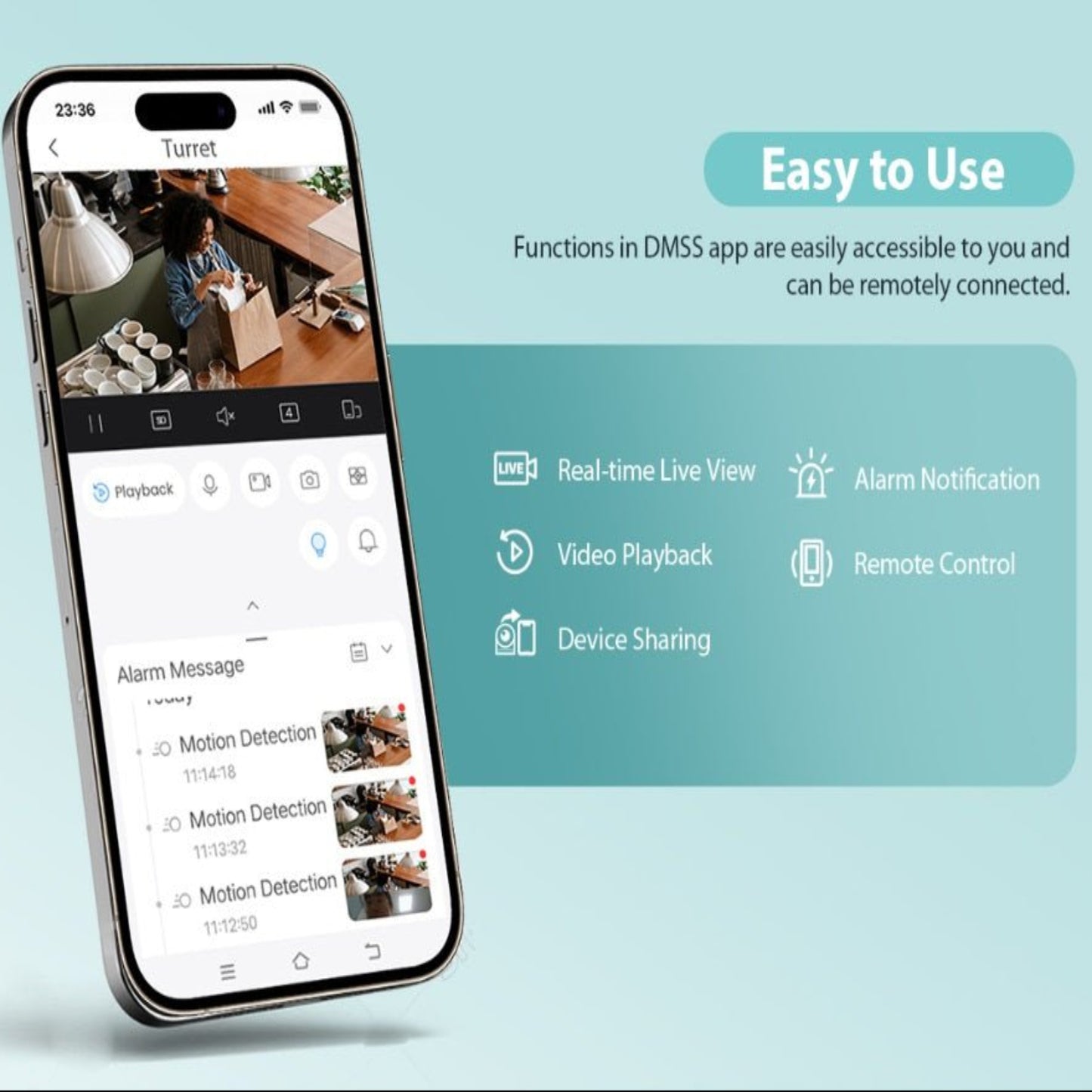 Smartphone displaying DMSS app features like live view, alarm notifications, and remote control functionalities.