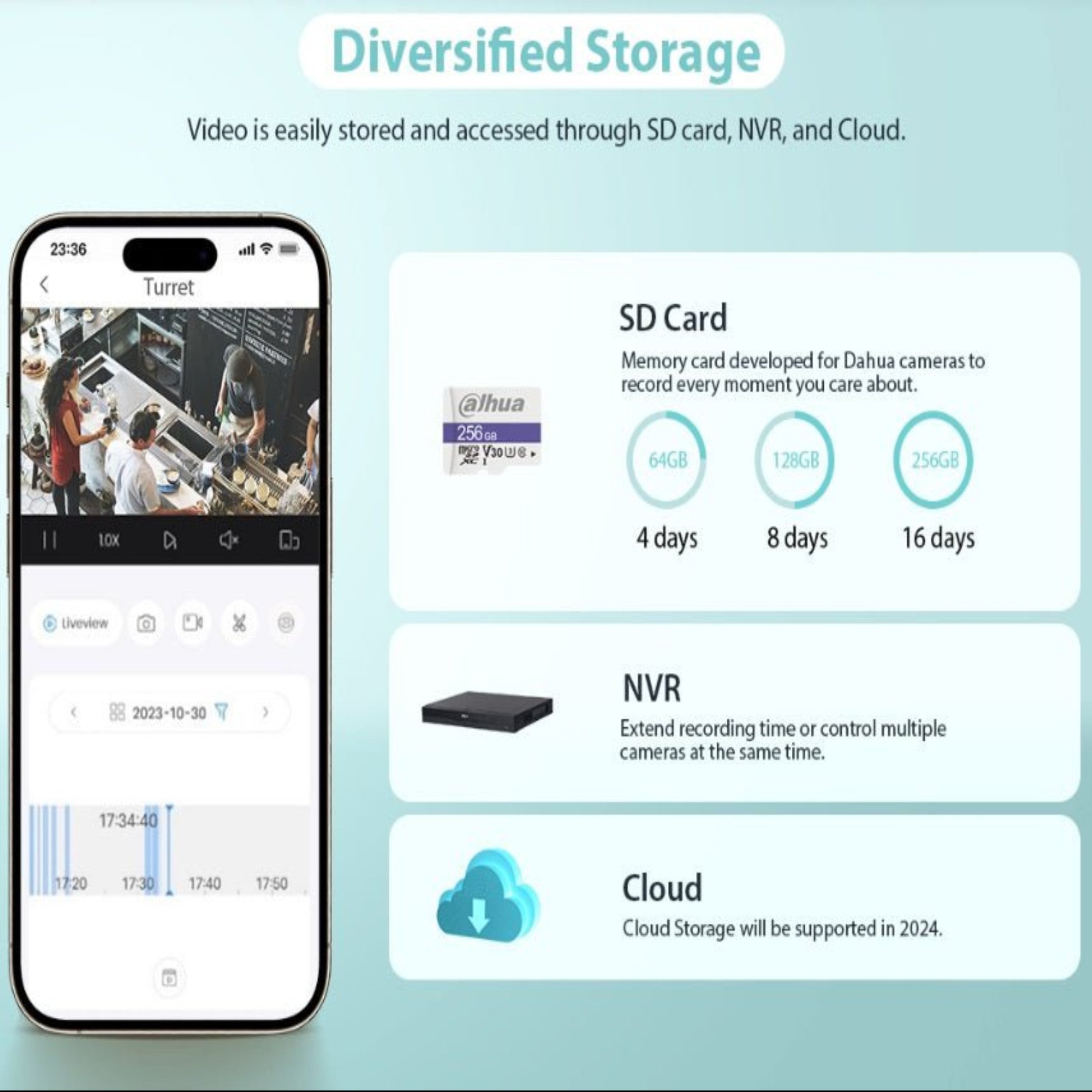 Dahua camera video storage options: SD card, NVR, and Cloud access for flexible recording.