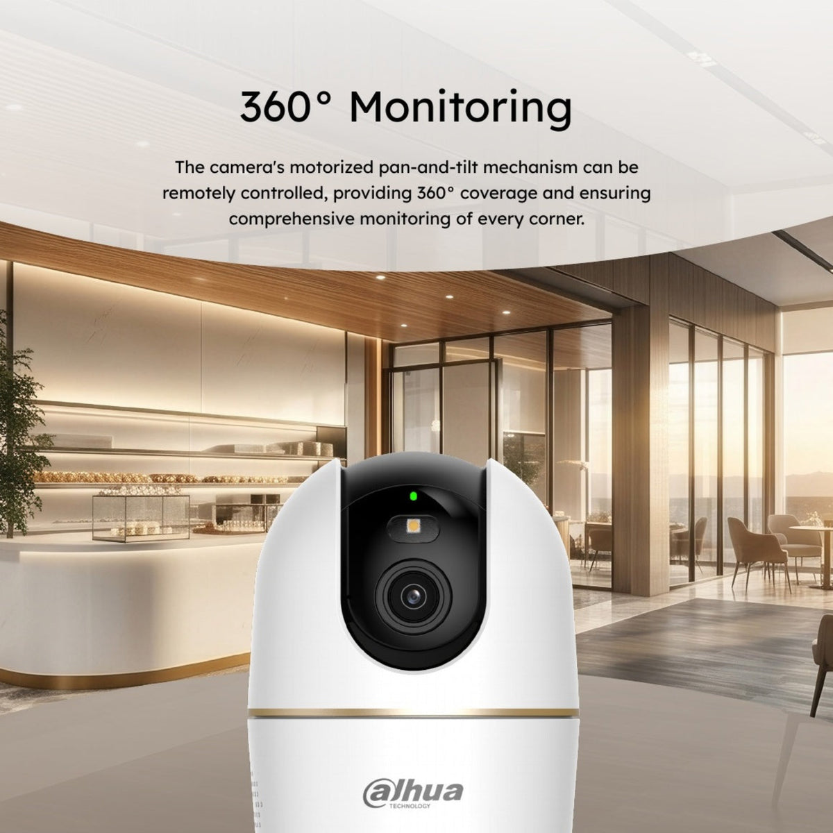 Dahua H5AS 支援 360 度旋轉監控，無死角覆蓋室內環境。用家可透過 DMSS App 遙距控制鏡頭，隨時保障家居安全。