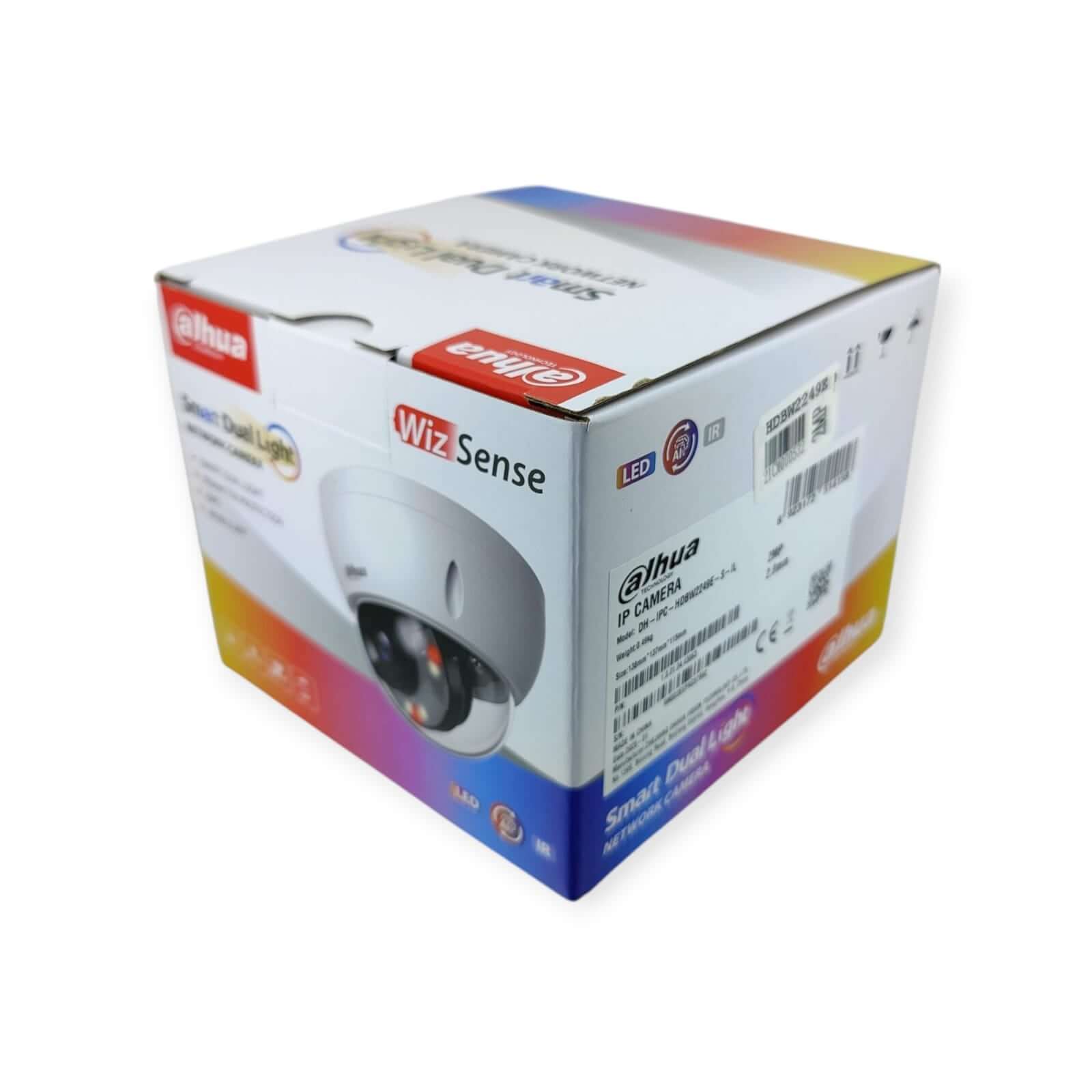 Packaging of Dahua IPC-HDBW2249E-S-IL 2MP Smart Dual Light WizSense Dome Camera in vibrant colors.