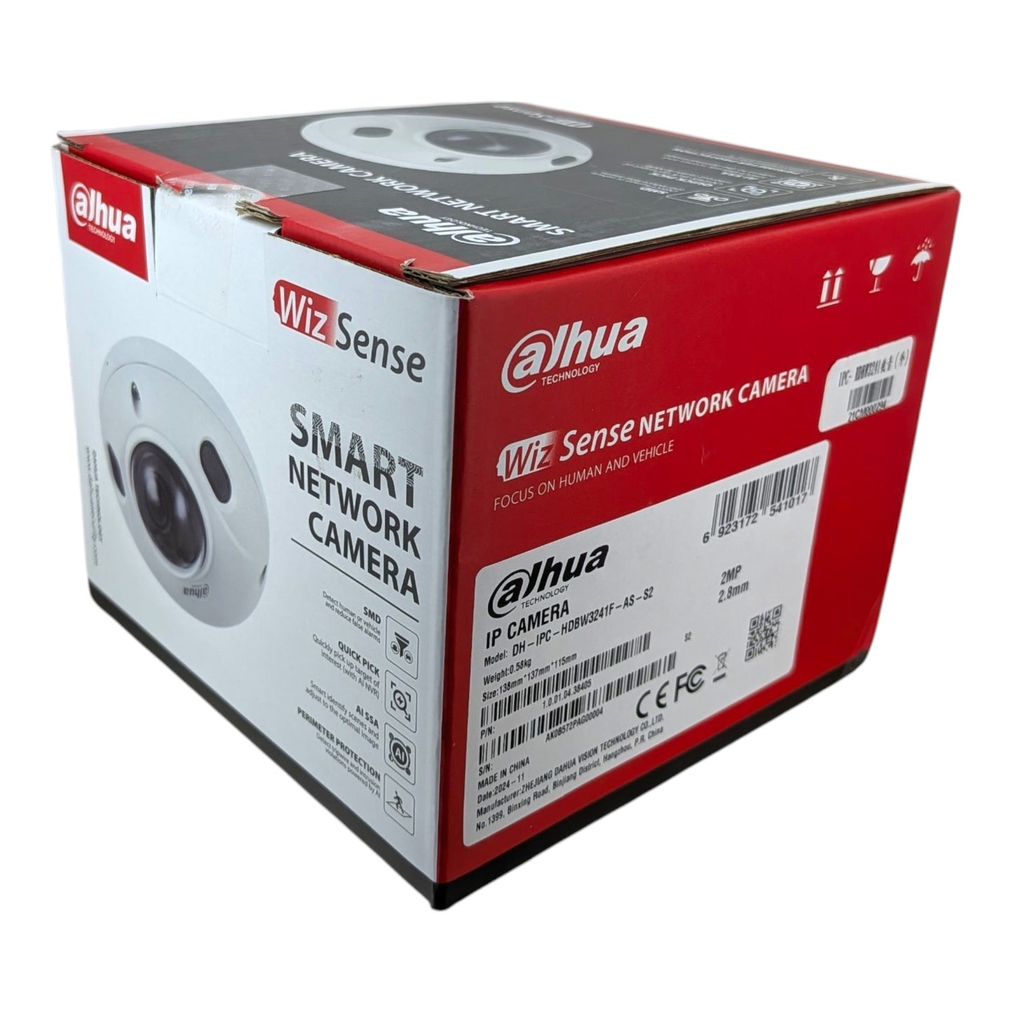 大華 IPC-HDBW3241F-AS-S2 原廠行貨包裝盒，盒上清晰標示 WizSense 智能人車識別及 2MP 全高清規格。