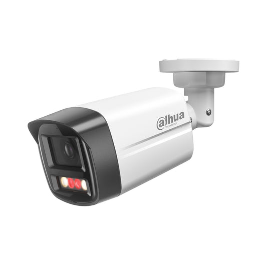 Angled view of the Dahua camera with its red infrared (IR) lights on, showing its night vision capability.