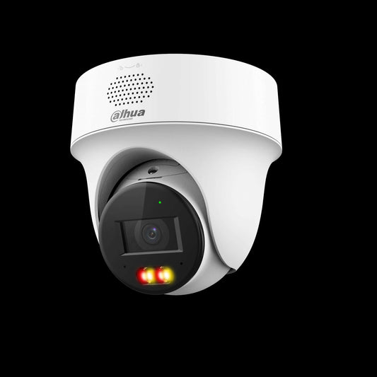 Dahua IPC-PT1439H-PV 4MP Smart Dual Light PT camera, front view, showing active deterrence red/yellow lights.
