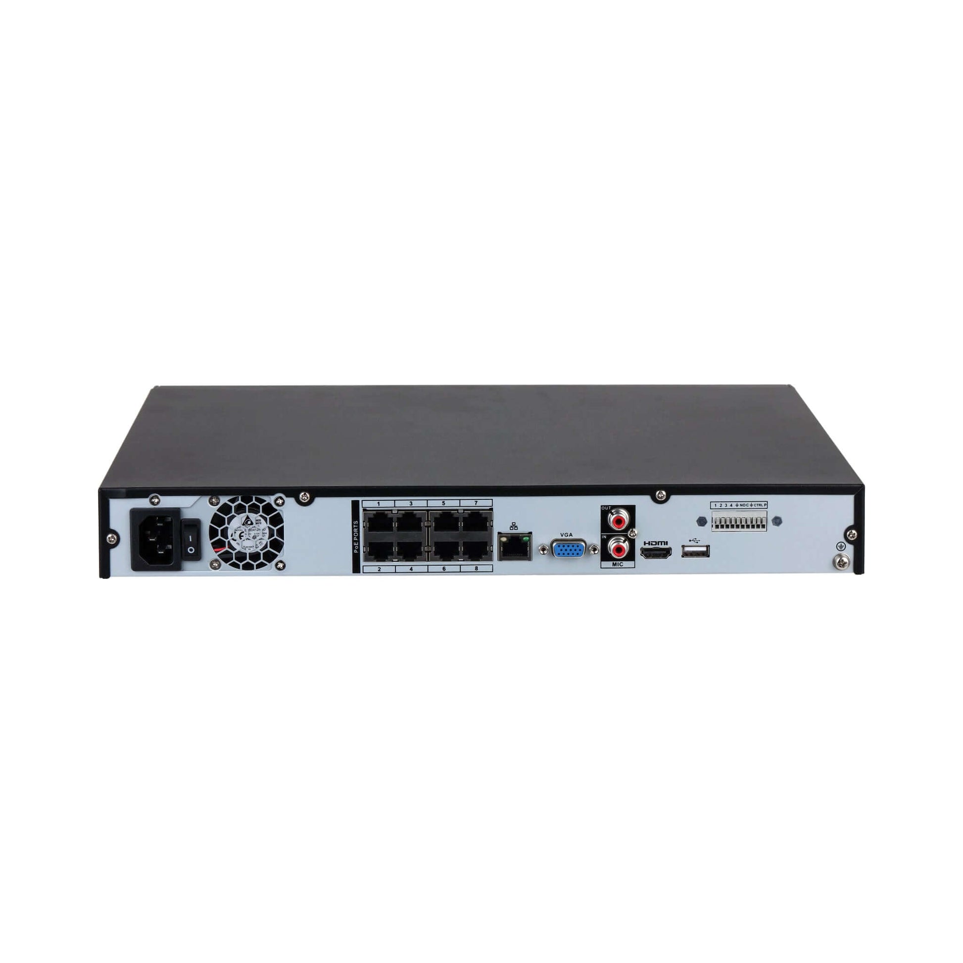 Rear view of Dahua NVR4208-8P-EI 8PoE NVR, showing all ports: HDMI, VGA, USB, network, power.