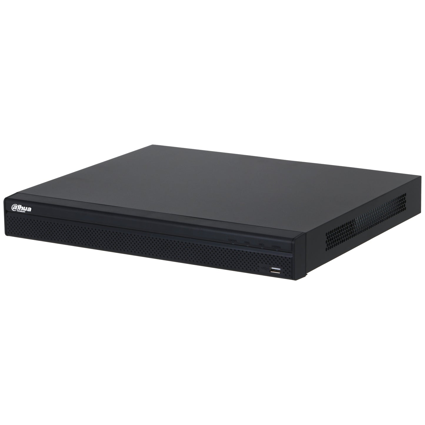 Front view of Dahua NVR4216-16P-4KS3 16-channel 4K PoE network video recorder showing sleek black metal casing.