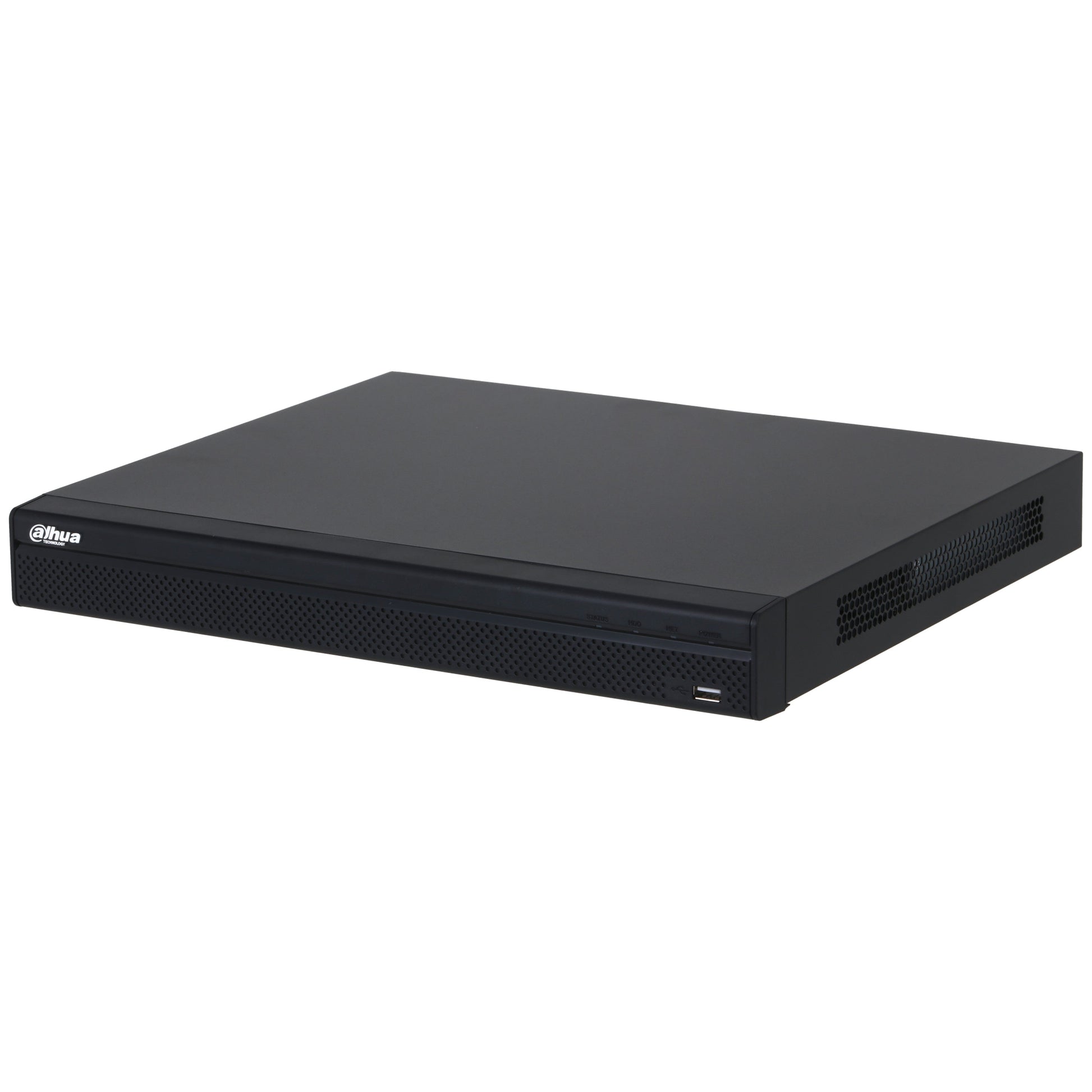 Front view of Dahua NVR4216-16P-4KS3 16-channel 4K PoE network video recorder showing sleek black metal casing.