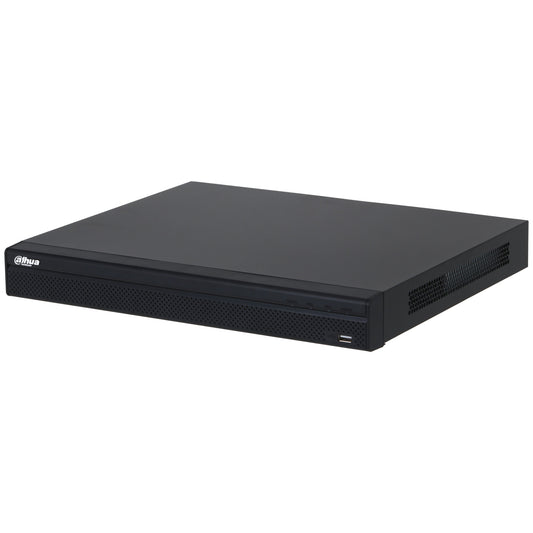 Front view of Dahua NVR4216-16P-4KS3 16-channel 4K PoE network video recorder showing sleek black metal casing.