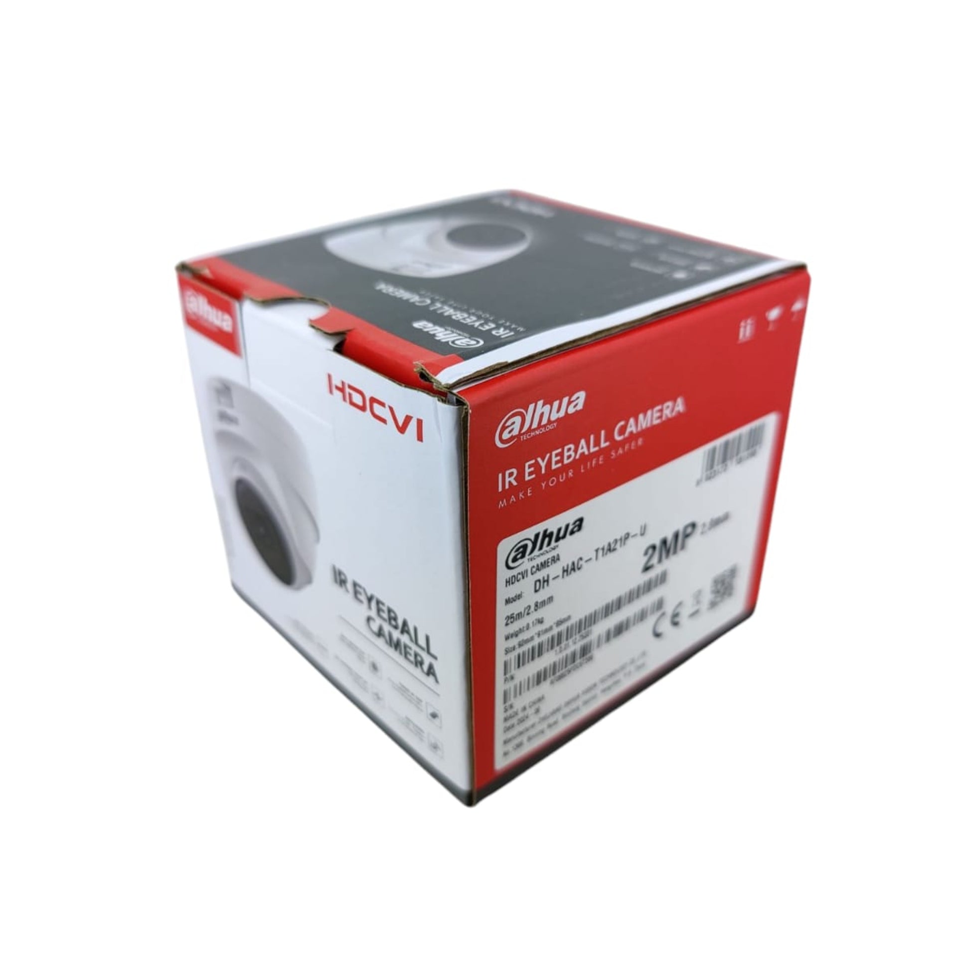 Dahua HAC-T1A21P-U Dome Cam packaging featuring 2MP IR eyeball camera specifications and branding.