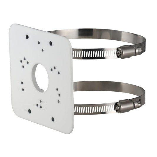 Dahua PFA152-E pole mount bracket with stainless steel clamps for CCTV IP camera installation.
