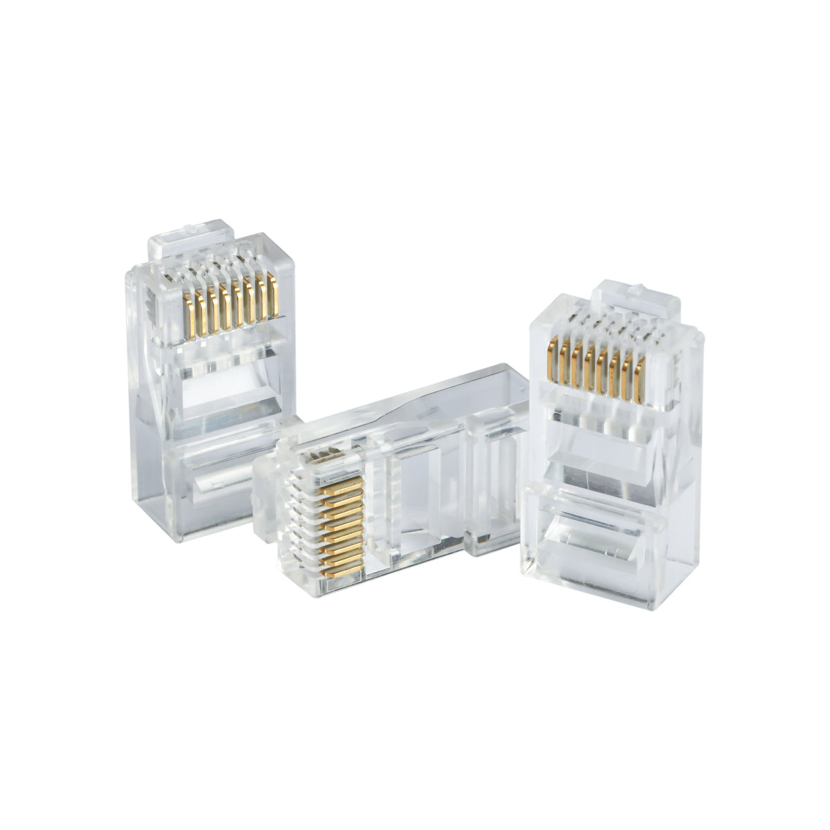 三粒大華 DAHUA PFM976-631 CAT6 網絡水晶頭，清晰展示其 15u 鍍金黃銅接點及透明阻燃 PC 外殼。