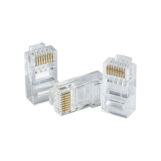 三粒大華 DAHUA PFM976-631 CAT6 網絡水晶頭，清晰展示其 15u 鍍金黃銅接點及透明阻燃 PC 外殼。