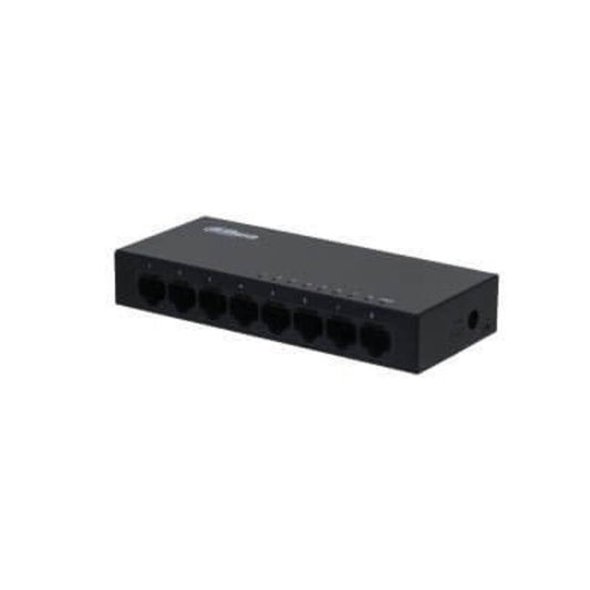 Dahua PFS3008-8GT 8-port unmanaged gigabit switch angled view with DC power port