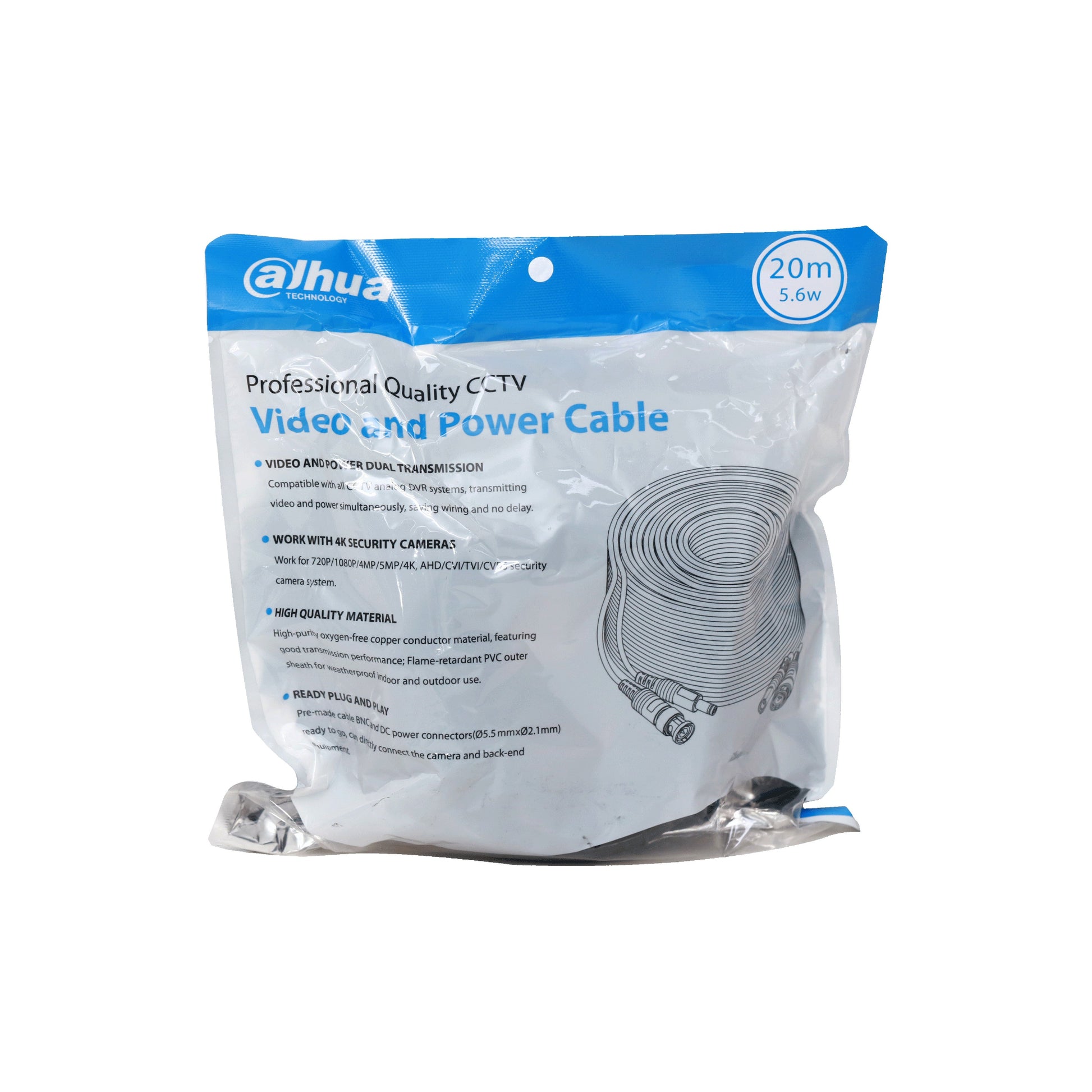 Original packaging of the Dahua professional quality CCTV video and power cable, highlighting 4K support and dual transmission.