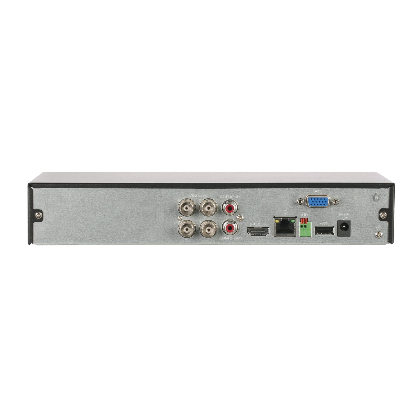 Rear panel of Dahua XVR4104HS showing BNC, HDMI, VGA, and network ports